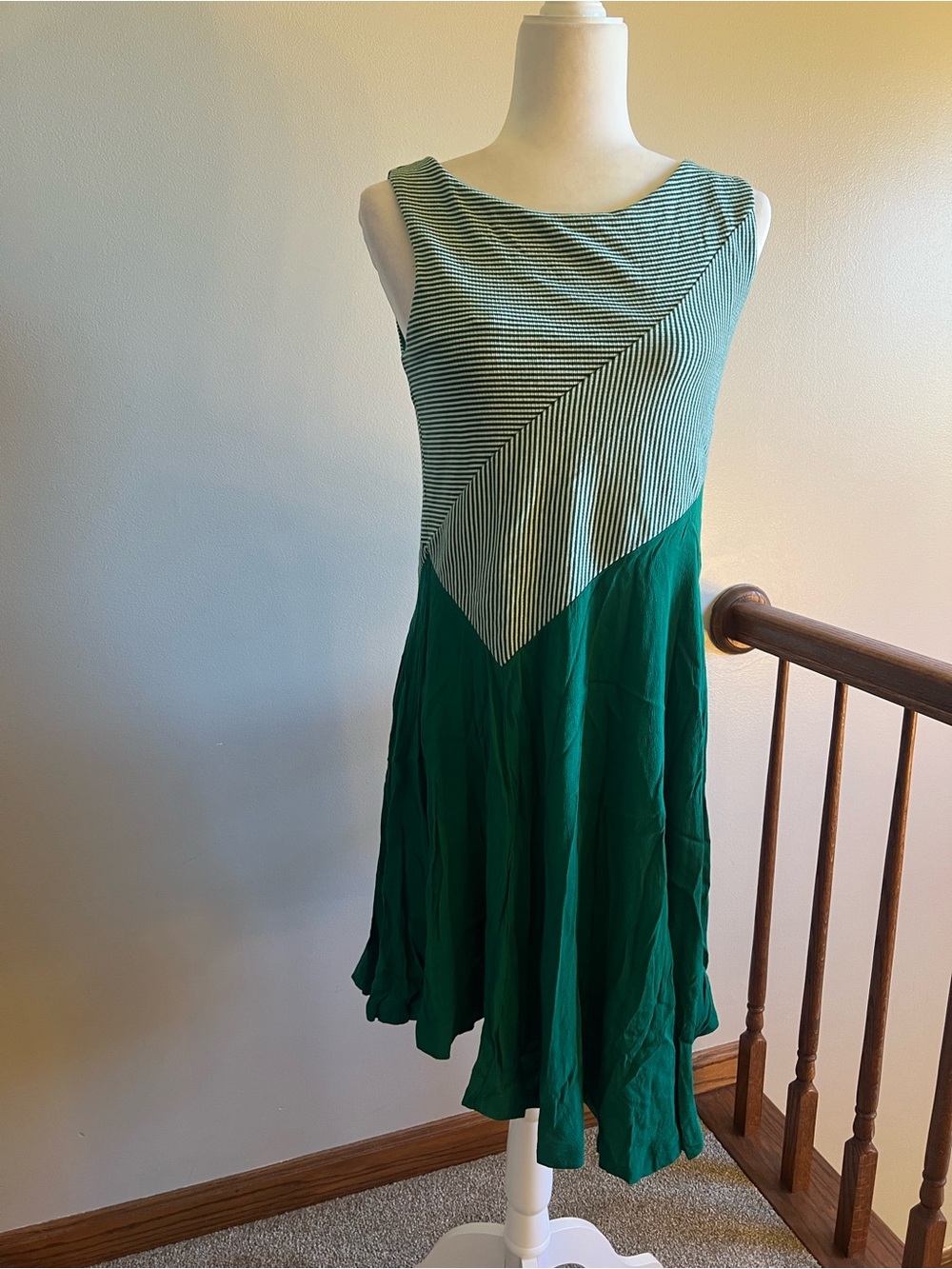 Anthropologie Maeve Kelly Green Striped Bodice Asymmetrical Hem Dress Ladies Med